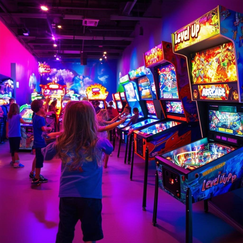 The image captures a vibrant, bustling scene inside Level Up Arcade at The Oaks Mall in Gainesville, FL-1 The image captures a vibrant, bustling scene inside Level Up Arcade at The Oaks Mall in Gainesville, FL-1